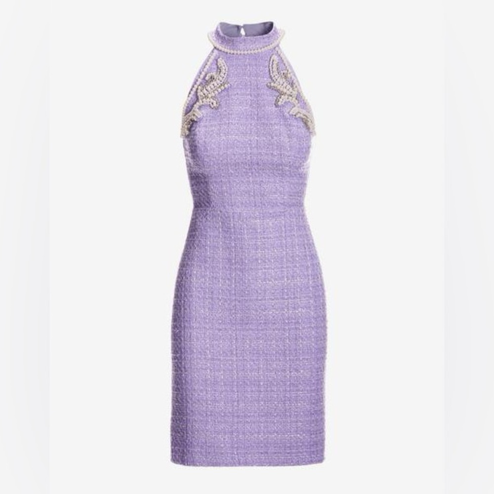 Boston Proper Lilac Tweed Halter Sheath Dress with Beaded Trim . Barbiecore